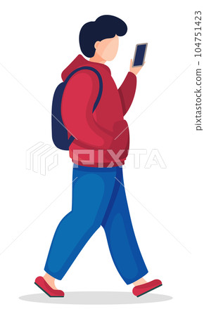 Vector cartoon icon of young man wearing hoodie and jeans walking with backpack and phone, tourist Vector cartoon icon of young man wearing hoodie and jeans walking with backpack and phone, tourist 104751423