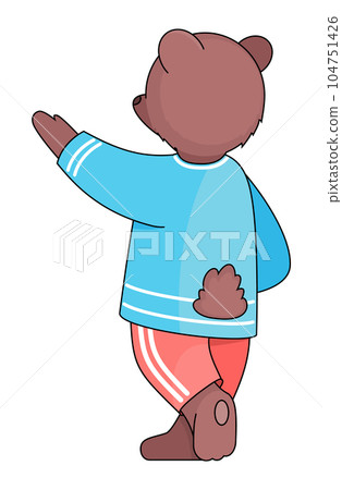 Cartoon character of bear standing back with raised paw, animal in shirt, pants, isolated at white 104751426