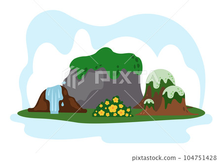 Banner with the main attractions of the korean island Jeju. Waterfall, mountaines, volcano peaks 104751428