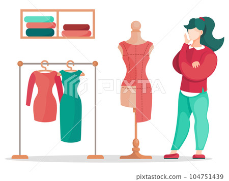 Sewing workshop, custom clothing. Fashion designer is making a model. Fashion house, textile factory Sewing workshop, custom clothing. Fashion designer is making a model. Fashion house, textile factory 104751439