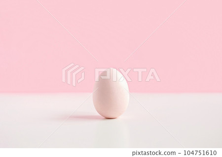 One Easter egg on pink background with copy space for text. Easter colored egg. Front view. Horizontal Banner. Poster, mock up. Simple minimalism One Easter egg on pink background with copy space for text. Easter colored egg. Front view. Horizontal Banner. Poster, mock up. Simple minimalism 104751610