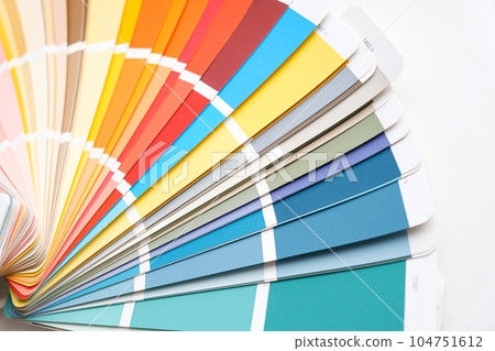 Color guide. Assortment of colors for design. Colors palette fan. White background. Designer chooses palette guide. Coloured swatches catalogue Color guide. Assortment of colors for design. Colors palette fan. White background. Designer chooses palette guide. Coloured swatches catalogue 104751612