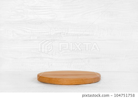 Round Wooden Podium for Food, Products against White Wood Textured Wall. Empty Natural Form. Pedestal Showing Eco Organic Cosmetics, Jewelry. Trendy Minimal Style Mock Up. Neutral Studio Background Round Wooden Podium for Food, Products against White Wood Textured Wall. Empty Natural Form. Pedestal Showing Eco Organic Cosmetics, Jewelry. Trendy Minimal Style Mock Up. Neutral Studio Background 104751758