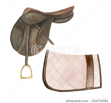 Watercolor illustration of equestrian equipment brown saddle and saddle pad, ammunition and accessories for horse riding. Isolated. 104752062