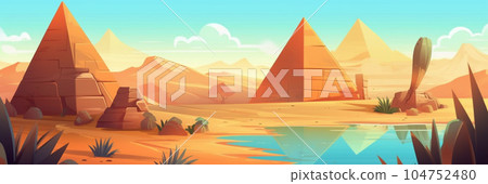 Giza plateau landscape with egyptian pharaohs pyramids complex illuminated with bright sunlight cartoon  background. Ancient historical, famous touristic attractions in african desert 104752480