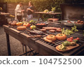 A man with a barbecue plate at a party between friends. Food, people and family time concept. 104752500