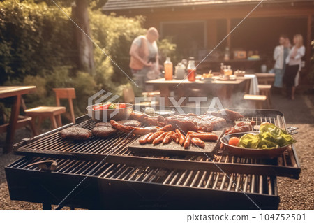 A man with a barbecue plate at a party between friends. Food, people and family time concept. 104752501