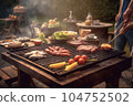 A man with a barbecue plate at a party between friends. Food, people and family time concept. 104752502