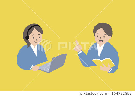 一個戴著耳機看著電腦的女人和一個手裡拿著一本書說話的男人 104752892