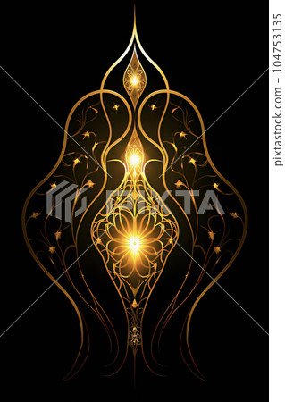 Elaborate golden metalwork ornament with glowing accents 104753135
