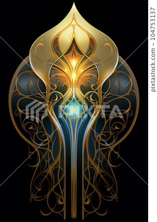 Elaborate golden metalwork ornament with glowing accents Elaborate golden metalwork ornament with glowing accents 104753137
