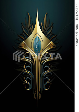 Elaborate golden metalwork ornament with glowing accents 104753138