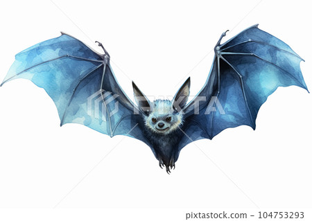 Watercolor illustration of cute black bat character, flying with wings spread, in flat contemporary style isolated on white background. Generative AI 104753293