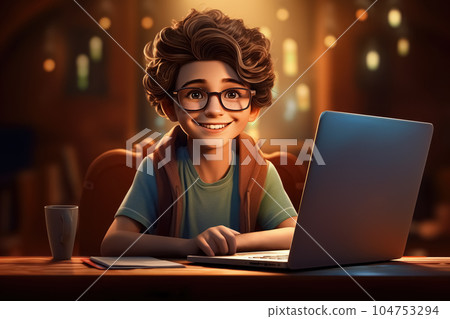 Distance online education for children and teenagers. Handsome curly schoolboy of 8-10 years old in glasses with smile on his face sits at table with laptop and looks at the camera. Generative AI 104753294