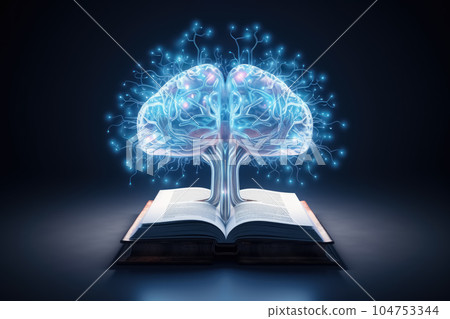 Brain with blue neon light and open book. 3D abstract illustration shows how books enrich the mind forming neural connections and give creative ideas. Generative AI Brain with blue neon light and open book. 3D abstract illustration shows how books enrich the mind forming neural connections and give creative ideas. Generative AI 104753344