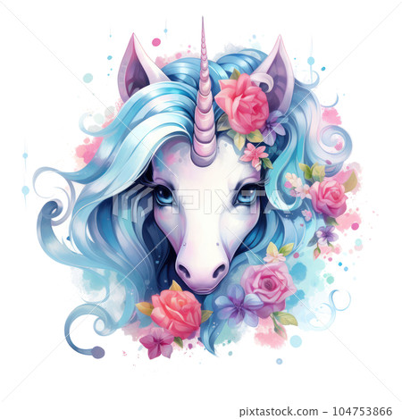 Cute watercolor unicorn. Illustration AI Generative 104753866