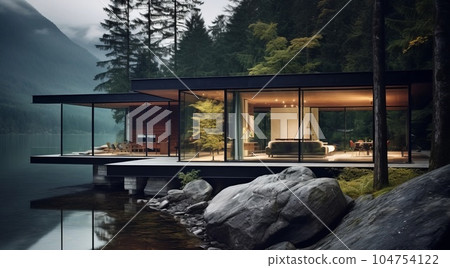 exterior of a luxury villa in a minimal style. Glass house in the mountains, photo AI 104754122