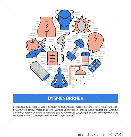 Menstrual pain round concept banner in line style with text 104754301