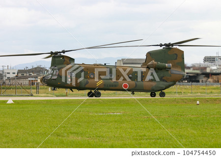 Ground Self Defense Force helicopter CH-47J preparing to take off 104754450