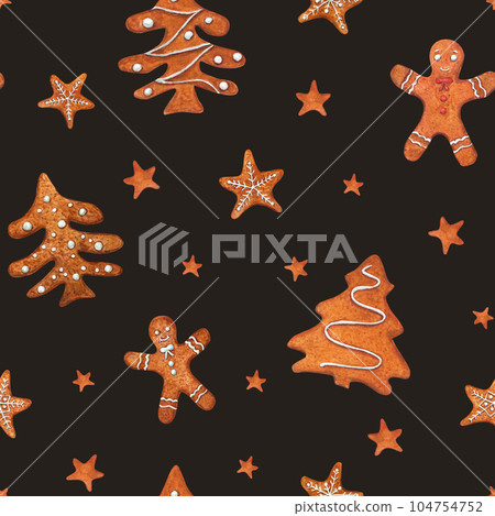 Seamless ornate of cute Christmas gingerbread cookies isolated on black background. Watercolor illustration of gingerbread man, stars, spruce for room decor, print, textile design. Top view. 104754752