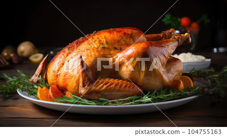 Golden Roasted Turkey as the Centerpiece of Thanksgiving. Generative AI 104755163