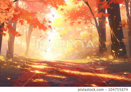 Red maple trees along an alley in autumn park,... - Stock Illustration ...