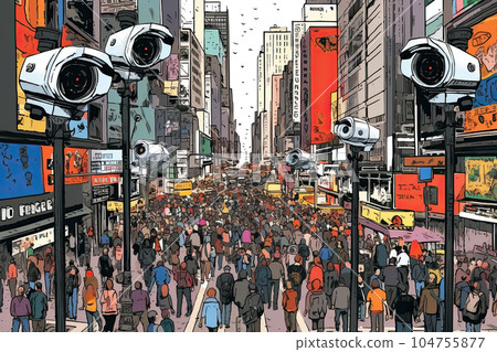 Multiple cctv cameras monitoring a vibrant city street, mass surveillance concept, generative AI  104755877