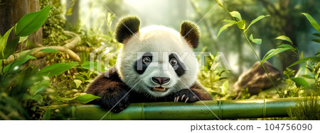 cute furry panda in bamboo forest in nature, banner made with Generative AI 104756090