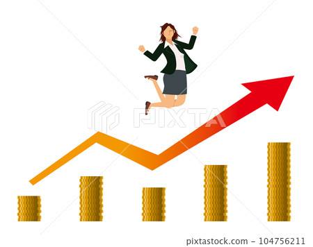 Flat illustration of a financial image: an oriental woman who is happy to make money, a rising arrow and a coin chart Flat illustration of a financial image: an oriental woman who is happy to make money, a rising arrow and a coin chart 104756211