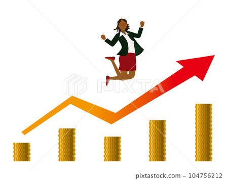 A flat illustration of a financial image: a black woman who is happy to make money, a rising arrow and a coin chart A flat illustration of a financial image: a black woman who is happy to make money, a rising arrow and a coin chart 104756212