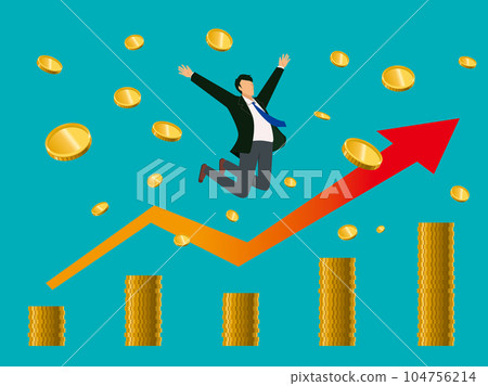 Flat illustration of a financial image: an oriental man who is happy to make money, an arrow pointing upwards, and a coin chart 104756214