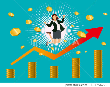 Flat illustration of a financial image: an oriental woman who is happy to make money, a rising arrow and a coin chart Flat illustration of a financial image: an oriental woman who is happy to make money, a rising arrow and a coin chart 104756220