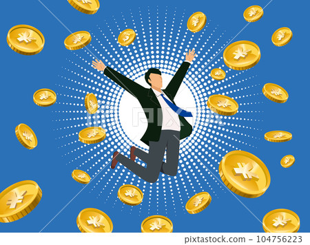 A flat illustration of an image of a strong yen finance: a jumping oriental businessman and an exploding currency yen A flat illustration of an image of a strong yen finance: a jumping oriental businessman and an exploding currency yen 104756223