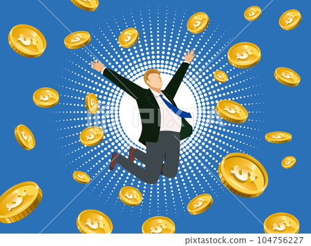 Flat illustration of an image of a strong dollar financial: a jumping white businessman and an exploding currency dollar Flat illustration of an image of a strong dollar financial: a jumping white businessman and an exploding currency dollar 104756227