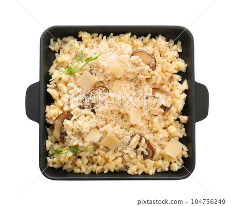 Delicious risotto with cheese and mushrooms isolated on white, top view Delicious risotto with cheese and mushrooms isolated on white, top view 104756249