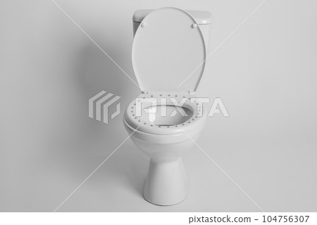 Toilet bowl with pins on white background. Hemorrhoids concept Toilet bowl with pins on white background. Hemorrhoids concept 104756307