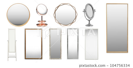 Set of different stylish mirrors on white background Set of different stylish mirrors on white background 104756334