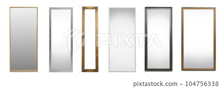 Set of different stylish mirrors on white background Set of different stylish mirrors on white background 104756338