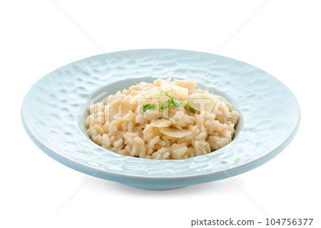 Delicious risotto with cheese isolated on white Delicious risotto with cheese isolated on white 104756377