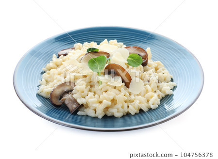 Delicious risotto with cheese and mushrooms isolated on white Delicious risotto with cheese and mushrooms isolated on white 104756378