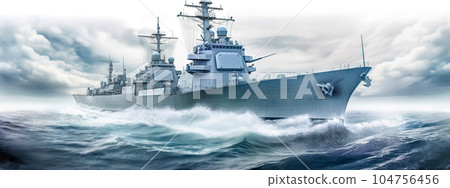 modern army battleship with guns in the waters of the ocean, military navy ship, banner made with Generative AI 104756456