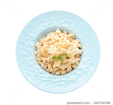 Delicious risotto with cheese isolated on white, top view Delicious risotto with cheese isolated on white, top view 104756590