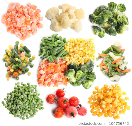 Set of different frozen vegetables on white background, top view 104756743
