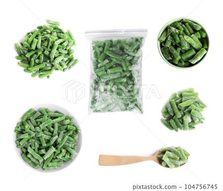 Set of frozen green beans on white background, top view. Vegetable preservation 104756745