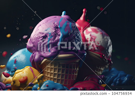 Ice cream with colorful toppings and pieces of sprinkles. Ice cream cone close-up. Generative AI 104756934