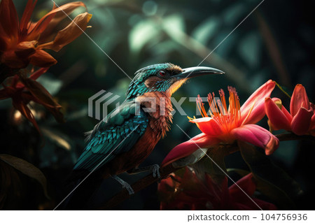 Colored tropical bird and beautiful surreal flowers. Generative AI 104756936