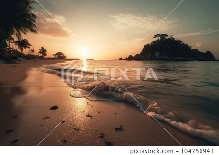 Sunset on a tropical island. Palm trees and beach on the island. A place to relax Generative AI 104756941