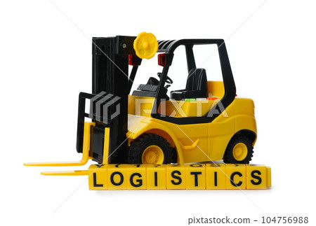 Toy forklift and cubes with word LOGISTICS isolated on white. Wholesale concept 104756988