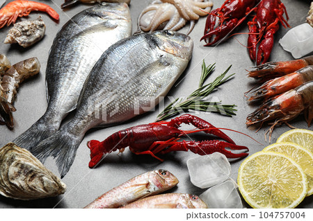 Fresh fish and different seafood on grey table Fresh fish and different seafood on grey table 104757004