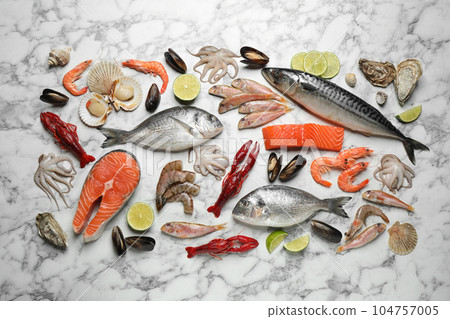 Fresh fish and different seafood on white marble table, flat lay Fresh fish and different seafood on white marble table, flat lay 104757005